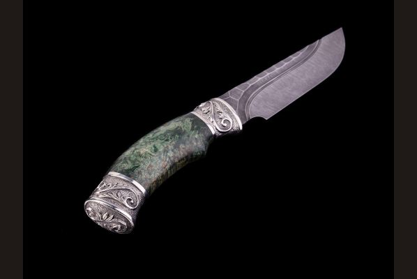 Нож Походный <span>(дамаск, долы - камень, стабилизированная карельская берёза, литьё мельхиор)</span> 